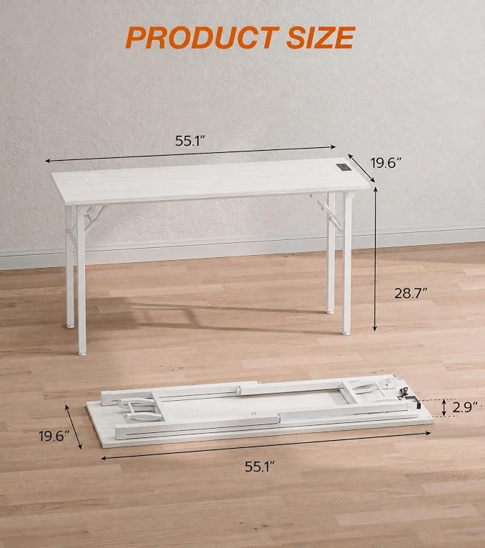 XBurmo Small Folding Desk Folding Table, No Assembly Foldable Desk Gaming Desk, 55.1-Inch Computer Table Workstation with 2 AC Outlets and 2 USB Ports for Bedroom and Home Office, White Ash