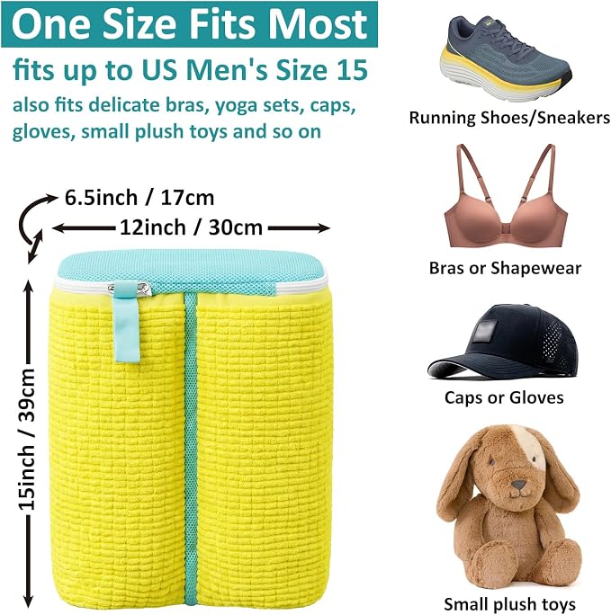 2-Pack Shoe Washing Machine Bag for Sneaker Cleaning Laundry Shoe Bag | Dual Compartment, Full Protection, Clasp-Lock Zipper, Thick Chenille, Reinforced Edge & Seams