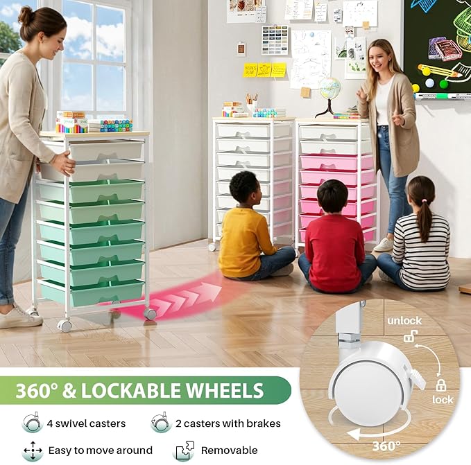 Goovilla Rolling Cart with Drawers, Utility Cart Organizer With 8 Removable Drawers and Wooden Tabletop, Lockable Rolling Storage Organizer for Art, Classroom, Home, Dorm, Office, Craft Storage, Green