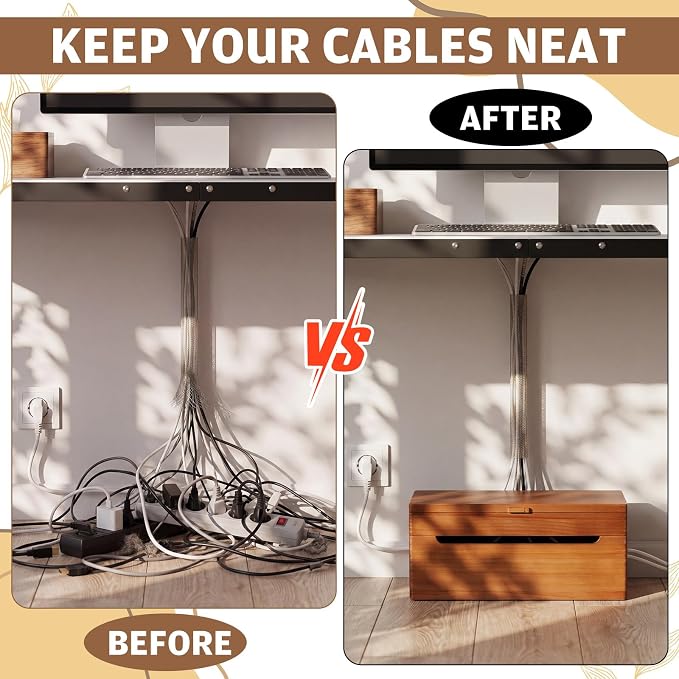 Novabright Double Layer Wooden Cable Management Box Large with Lid Power Strip Cord Organizer Hider for Desk TV Stand Home Office