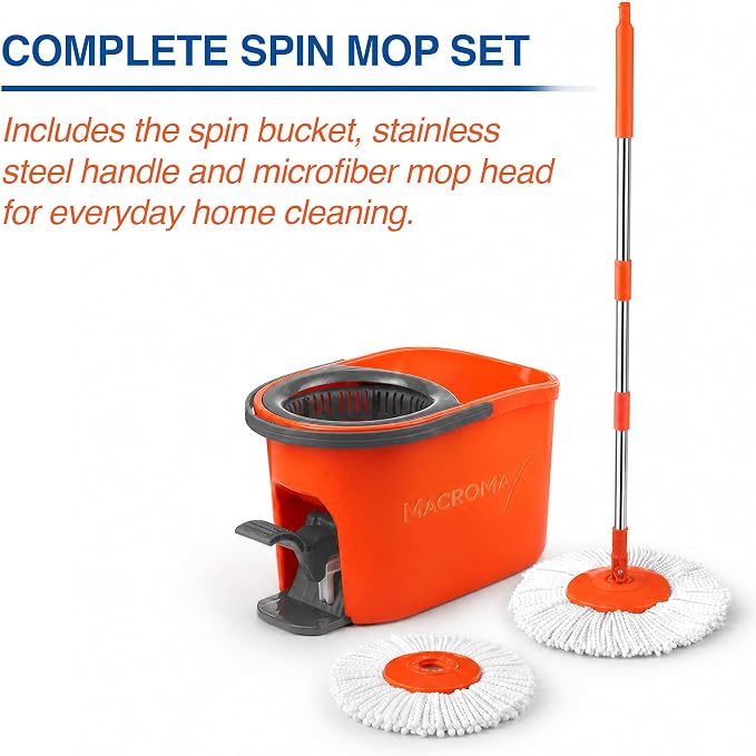 Macromax 10L Spin Mop and Bucket Set - 360° Rotating Mop with Adjustable Handle - Eco-Friendly Design with 90% Recyclable Materials - Ideal for Hardwood, Laminate & Tile Floor Cleaning