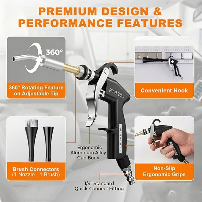 Tornado Car Cleaning Gun with 2 Set Nozzle, Air Blower Gun for Car Detailing with Brush, High Pressure Dry Cleaning Gun Quickly Blasts Dust & Dirt Works with Air Compressor