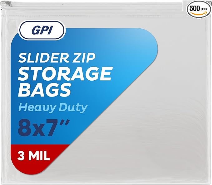 500 Count - Slider Zip Quart Food Storage Bags, 8" x 7" 3 Mil Heavy Duty, Strong & Durable For Freezer Storage. GPI