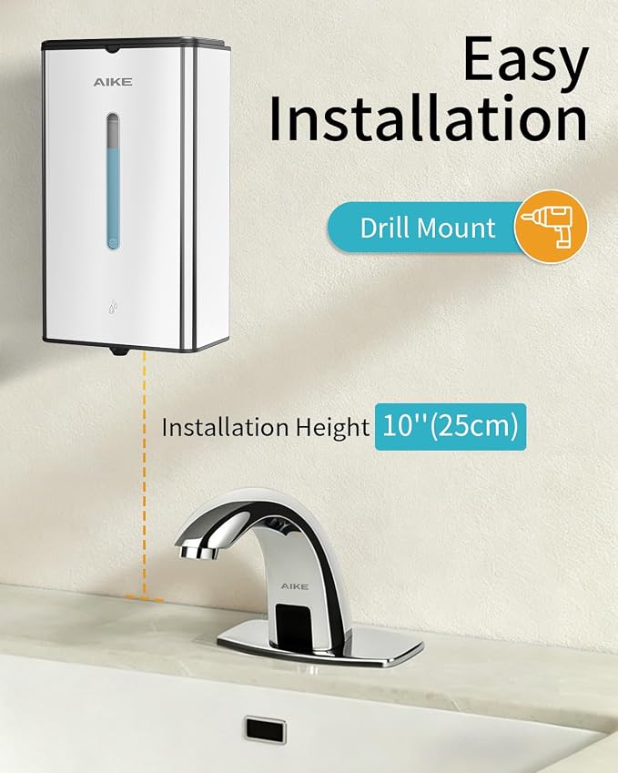 AIKE Heavy Duty Automatic Soap Dispenser,33.8oz for Bathroom,Polished Steel | 5-Level and Savety Key for Commercial(4*AA Batteries Not Included),Screw Wall Mount for Space-Saving,Stainless Steel AK1207