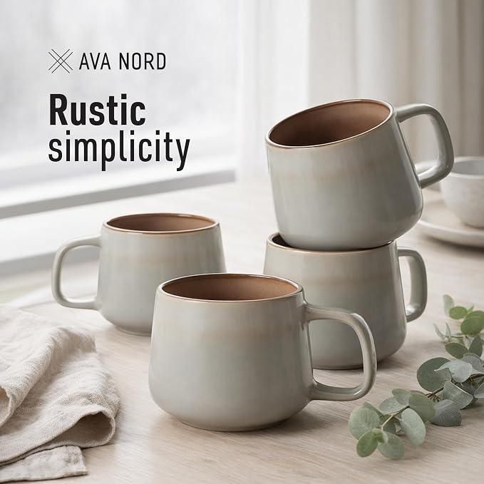 Ava Nord Large Stoneware Ceramic Coffee Mugs Set of 4 | 16 oz | Sage Ash | Lead-Free, Non-Toxic, Freezer - Microwave & Dishwasher Safe, Comfortable Handle, Aesthetic Nordic Design for Latte, Tea