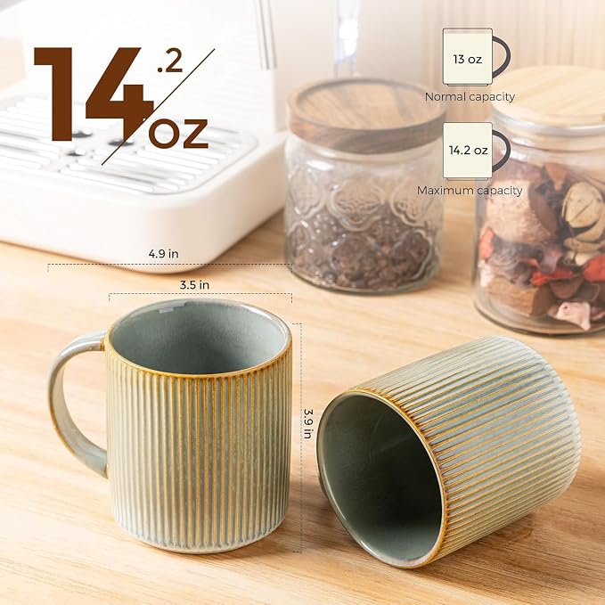theterra Ceramic Coffee Mugs Set of 4, 14.2oz Handmade Coffee Cups with Handle for Latte, Tea, Milk, Beer, Hot Cocoa, Desert Sage