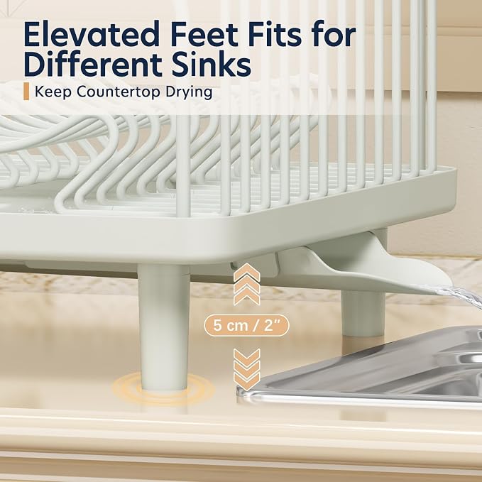 KINGRACK Dish Drying Rack for Kitchen Counter, Dish Drainer with Cup Holder | 16.9"L x 12.4" W Dish Rack with Spacious Drying Capacity, Quick Auto Dish Drainer for Plate Dish Dinnerware, Pale Green