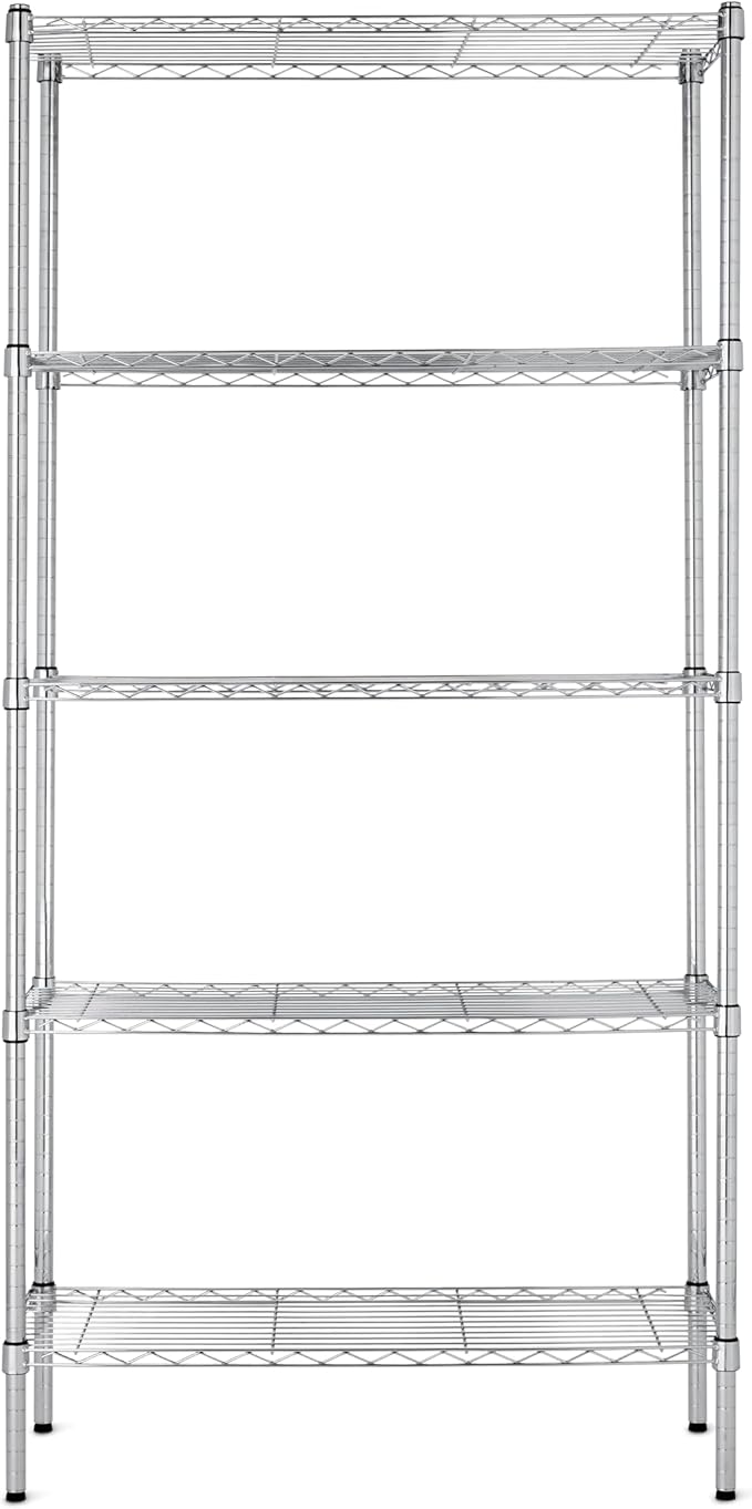Amazon Basics 5-Shelf Adjustable Heavy Duty Steel Wire Rack, Space Saving Storage Shelving Organizer for Kitchen, Garage, No-Tool Assembly, 350 lbs Weight Capacity, 36" x 14" x 72", Chrome