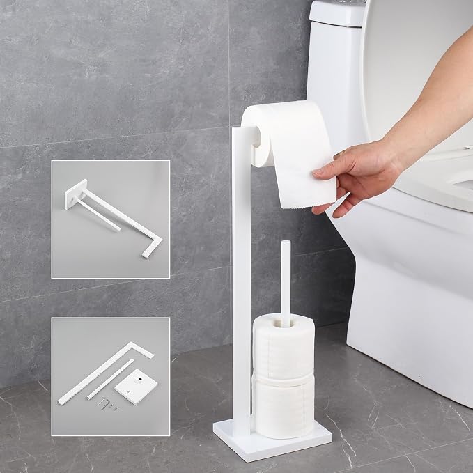 GERZWY SUS 304 Stainless Steel Toilet Paper Stand with Reserve, Free Standing Toilet Paper Holder, White