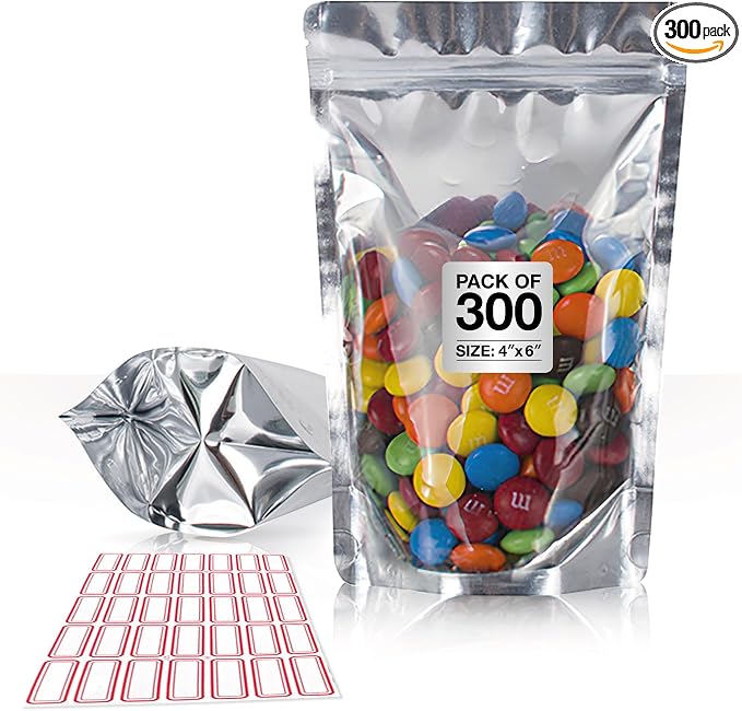 BELLE KR® 4x6 Mylar Bags for Food Storage with 7.5mil Thick - Pack Of 300 - Stand Up Clear Mylar Bags with See Through Window - Small 1/2 Pint Pouches for Freeze Dried Candy - Labels Included