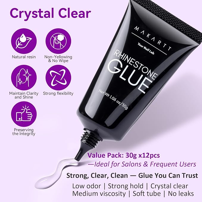 Makartt Rhinestone Glue for Nail: Super Strong UV Gel 12-Pack 30ml | 30-Day Hold, UV/LED Cured, Large Charms, Flatback Rhinestones, Small Beads and Pearls, 3D Sculpting, DIY and Salon Use
