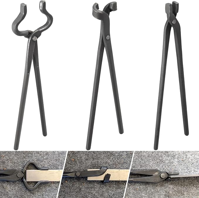 Blacksmith Tongs Knife Making Tongs Set Flat Tongs, Blade Tongs & V-Bit Tongs Assembled Bladesmith Steel Forge Tongs Anvil Blacksmithing Tongs (3 Tongs)