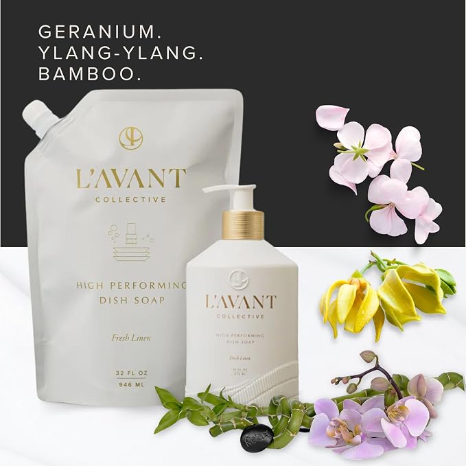 L'AVANT Collective Natural Luxury Dish Soap | Plant-Based, Non-Toxic & Grease-Cutting, Safe for Kids & Pets, Refillable Glass Bottle with Pump, 16 Fl Oz | Fresh Linen