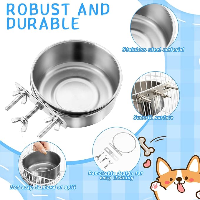 Silkfly 14 Pack Stainless Steel Hanging Dog Crate Bowls, Non-Spill Kennel Food & Water Bowls with Screw Clamp Holders, Removable, Easy to Clean Metal Cage Feeder for Pets(19 oz)