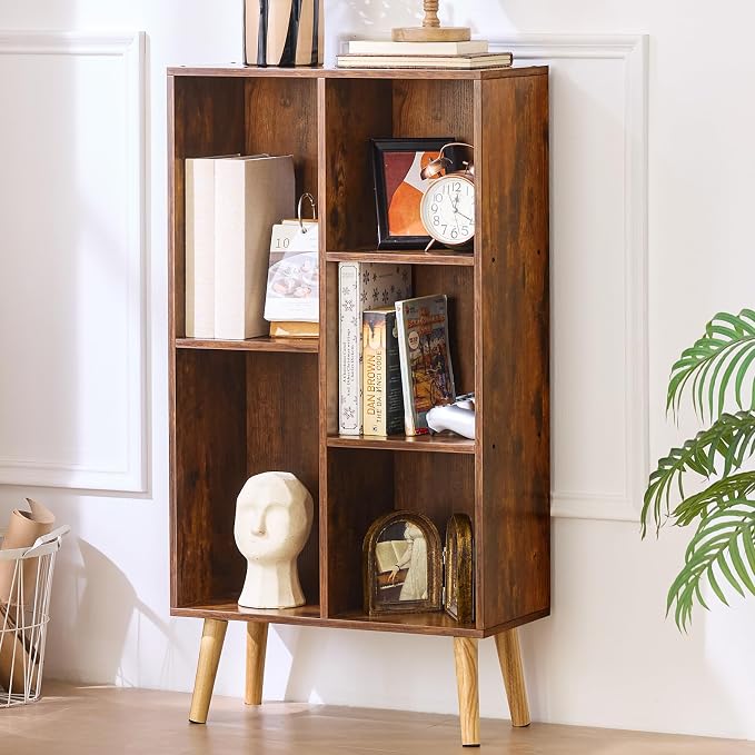LEYAOYAO 5 Cube Bookshelf, Mid-Century Modern Book Shelf with Legs, Brown | 3 Tier Bookcase, Rustic Wood Bookshelves Freestanding Small Storage Organizer, Open Shelves for Bedroom, Living Room, Office