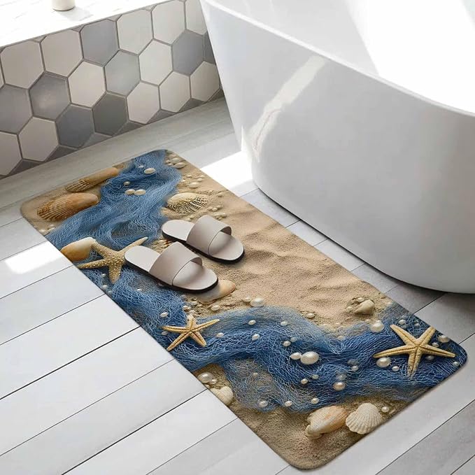 Hallway Runner Rug 31.5"x78.7",Coastal Beach Absorbent Non Slip Indoor Outdoor Carpet,Summer Nautical Blue Fishing Net Conch Low Profile Runner Rugs for Corridor Kitchen Laundry Room Mudroom Entryway