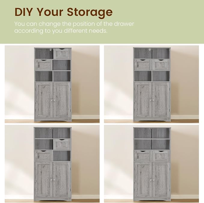 Iwell Storage Cabinet with 2 Drawers & Adjustable Shelf, Tall Bathroom Cabinet with Doors, Cupboard, Kitchen Cabinets for Living Room, Dining Room, Entryway, Grey