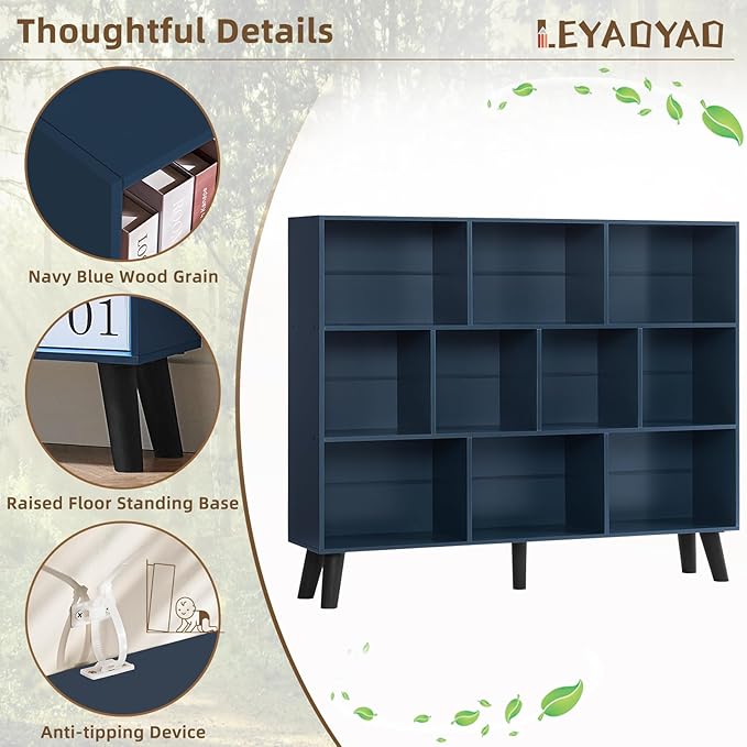 LEYAOYAO 10 Cube Bookshelf,Mid-Century Modern Bookcase with Legs,Dark Blue | 3 Tier Book Shelf, 55" Wide Rustic Wood Bookshelves Large Storage Organizer, Open Shelves for Bedroom, Living Room, Office