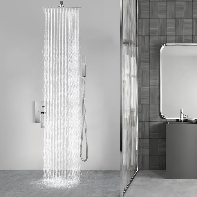 Aolemi Shower Faucet Set Rain Shower System with Handheld Spray Bathroom Shower Combo Rough-in Valve and Shower Trim Kit Included Polish Chrome 16 Inch Wall Mount Shower Head