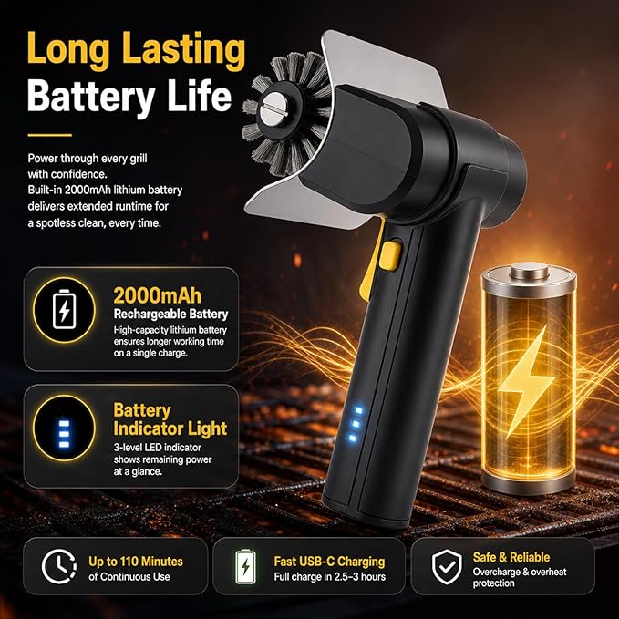Electric Grill Brush for Outdoor, 2000mAh Upgraded BBQ Grill Cleaner, Cordless Rotary Grill Grate Cleaner with 150Mins Runtime, Safe for All Grills, BBQ Gift for Father's Day