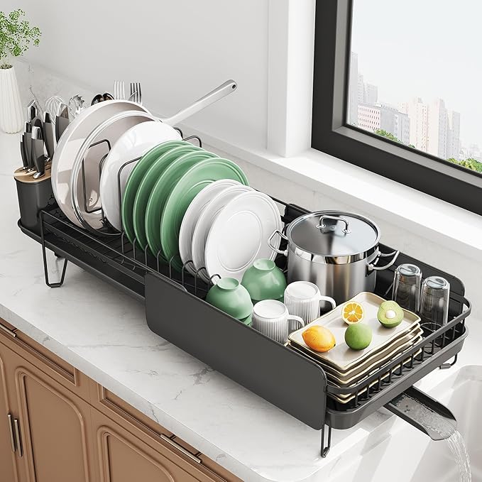 Large Expandable Dish Drying Rack for Kitchen Counter, 19.3-29.4 in, Black | Family Size Capacity, Adjustable Dividers for Pan, Lid & Cutting Board, Stainless Steel, Rotating Spout, Utensil Holder