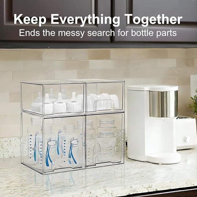 Baby Bottle Storage Organizer: Clear Stackable Storage Drawers, Acrylic Bottles Station Organizer Container for Countertop, Vanity, Bathroom, Cabinet Organization - 4 Pack