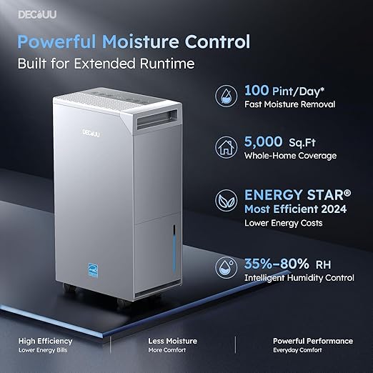 5000 Sq.Ft Energy Star Most Efficient 2024 Dehumidifier, Max 100 Pint Moisture Removal, Auto Defrost, Drain Hose, Smart Humidity Control for Basement, Home, Garage, Bathroom, Laundry Room