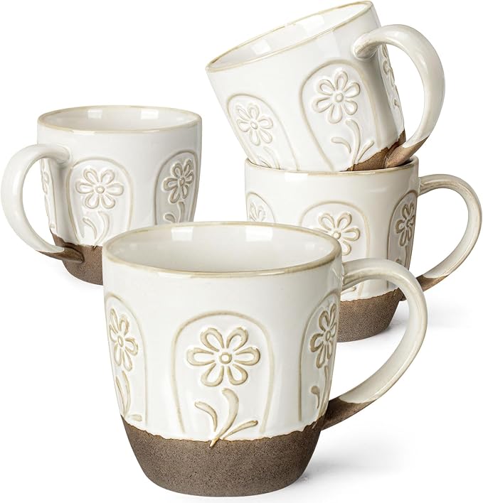 Artena Ceramic Coffee Mugs Set of 4, 16oz Embossed Large Latte Mugs Coffee Cups with Handle for Tea, Latte, Cappuccino & Cocoa, Milk Dishwasher & Microwave Safe, White (Pinwheel Flower)