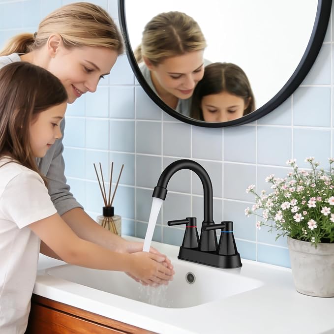 Bathroom Faucet 3 Hole Matte Black, 4 Inch Bathroom Sink Faucet Centerset with Pop Up Drain, Double Handle Vanity Faucet 3 Hole with 360° Swivel Spout, Rv Bathroom Sink Faucet