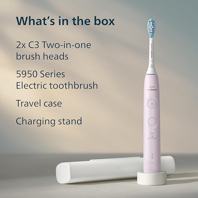 Philips Sonicare 5950 Series Electric Toothbrush with Pressure Sensor, SmarTimer, BrushPacer, 6 Brushing Settings, 21-Day Runtime, Travel Case, Light Pink, HX7132/03
