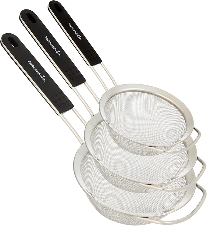 Restaurantware Fine Mesh Strainer Set of 3 Different Sizes with Silicone Handle Stainless Steel Extra Fine Mesh Strainer Heat-Resistant Handle Dishwasher-Safe for Rice, Quinoa, Pasta