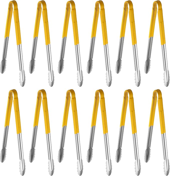 New Star Foodservice 16 Inch Utility Spring Tongs, Set of 12, Commercial Restaurant Grade Stainless Steel Tongs with Yellow Vinyl Coated Handles