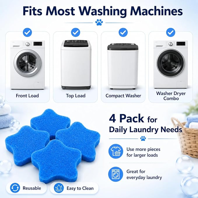 4 PCS Pet Hair Remover for Laundry, Reusable Pet Hair Catcher for Washing Machine, Laundry Fur Lint and Dander Remover, Washer Hair Catcher for Dog and Cat Hair, Easy to Clean, Blue