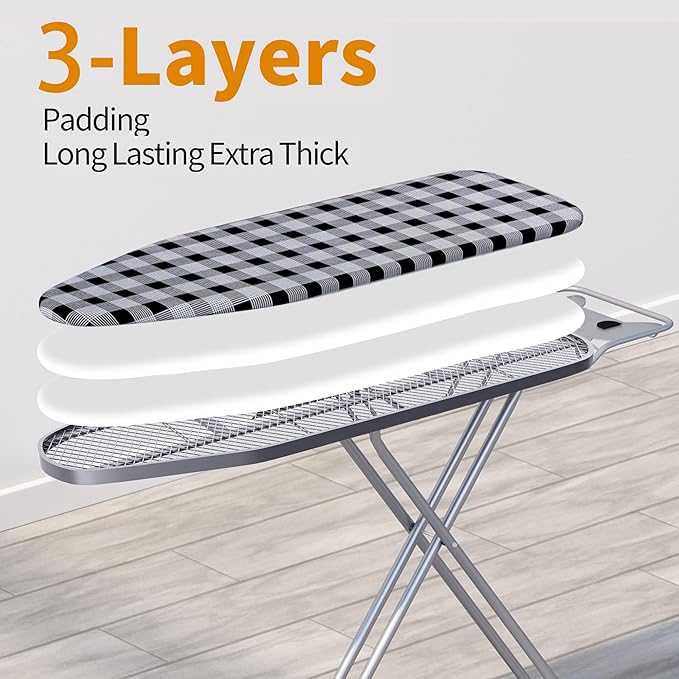 Jakeefud Ironing Board 13" X 43" W/Extra Thick Heavy Duty Padded Cover, Height Adjustable,Heat & Scorch Resistant Fabric, Anti-Skid Feet, Extra Wide, Easy to Fold Checkered Gray