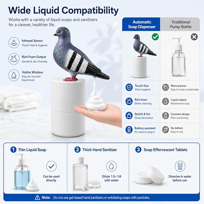 Touchless Foam Soap Dispenser, Gray Peace Dove Design, 300 mL | Touchless infrared foam dispensing with a refillable 300 mL tank
