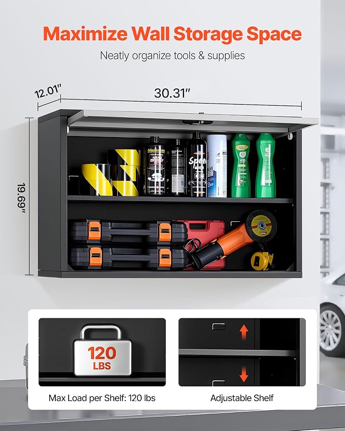 VEVOR Metal Wall Cabinet, 30.31 x 12.01 x 19.69 Inch, Floating Garage Tool Cabinet with Up-Flip Door and Shelf, 240 lbs Load Capacity, Fit for Garage, Basement, Kitchen, Warehouse Assembly Required