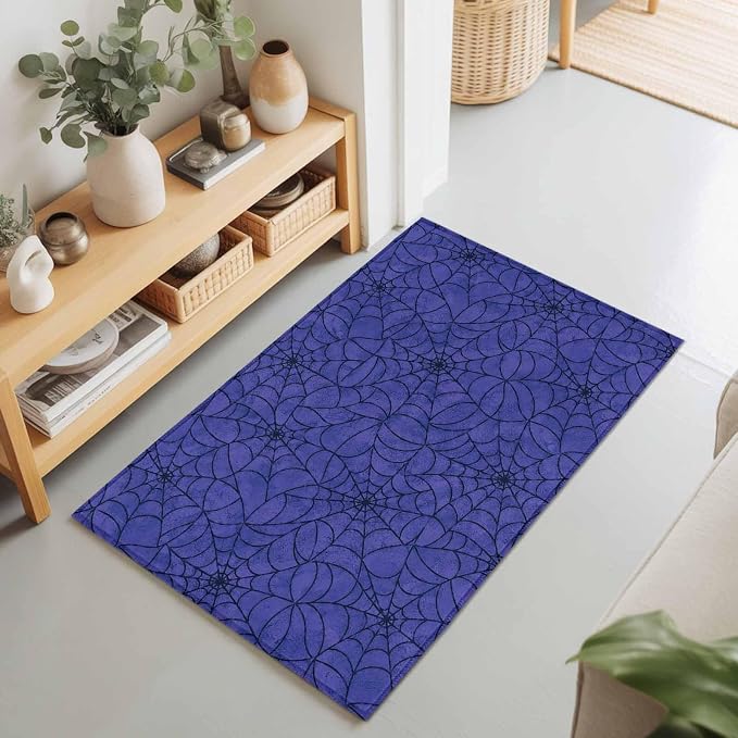 Entryway Area Rug 2'x3', Navy Blue Halloween Washable Small Area Rugs for Kitchen Bathroom Bedroom Office Laundry, Black Spiders Net Classic Gingham Door Mat Indoor Entrance Floor Throw Carpet