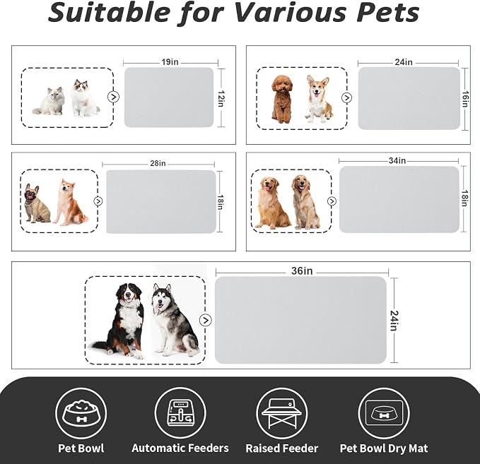 HotLive Dog Food Mat - Absorbent Cat Mat for Food and Water, No Stains Pet Feeding Bowl Mat, Easy to Clean Pet Placemats, Quick Dry Dog Water Dispenser Mat for Messy Drinkers | Light Grey 12"x 19"
