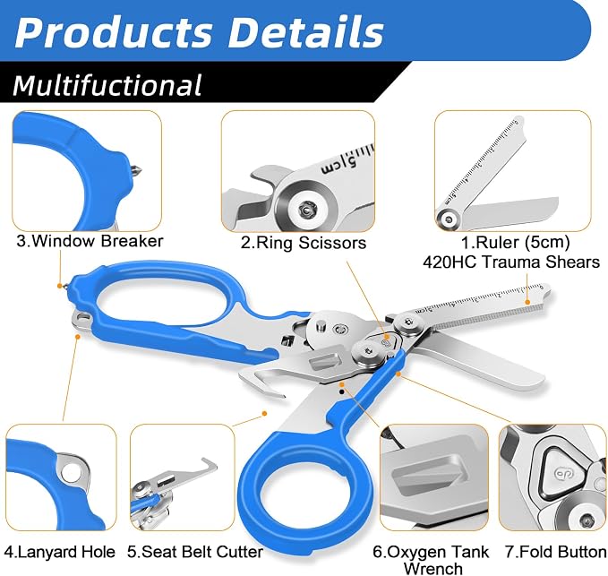 Lenporl 2 Pack Foldable Trauma Shears with Compatible Holster, Emergency Shears with Strap Cutter and Glass Breaker for Outdoor Camping Medical Scissors Tools Blue