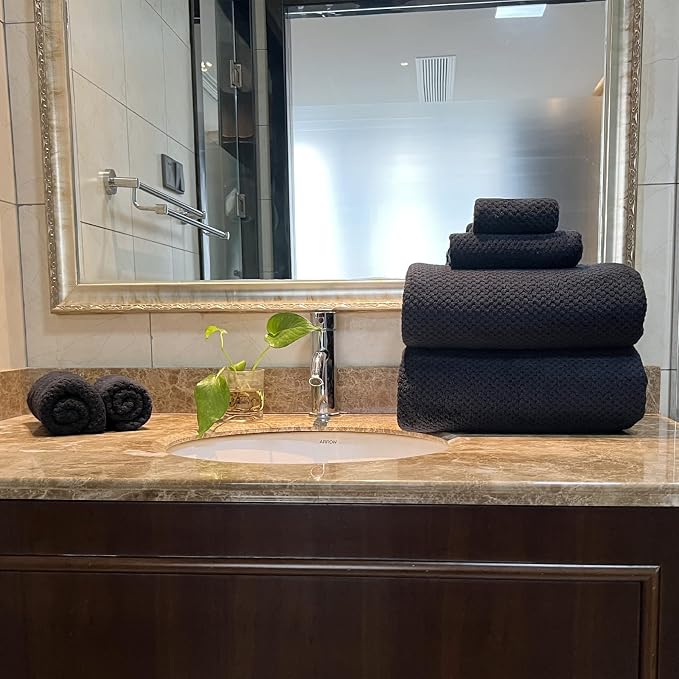 YTYC 39x78 Bath Sheets Set,Towels for Bathroom,Black,6-Pieces | 2 Extra Large Bath Towels, 2 Hand Towels, 2 Washcloths, Super Soft,Highly absorbent,Hanging Loop,80% Polyester
