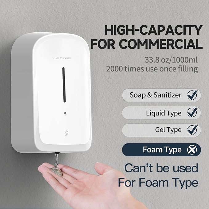 JETWELL Touchless Wall Mount White ABS Plastic Soap Dispenser 34OZ/1000ML | Large Capacity, Battery Powered, Liquid Soap, Commercial & Home Use