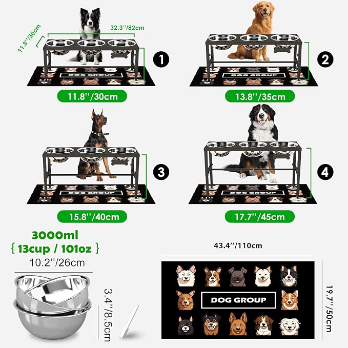 SHAINFUN Elevated Dog Bowl Stand for Large Dogs& Extra Large Dogs with 3 Bowls 101oz– 4 Adjustable Height Raised Pet Feeder with Anti-Spill Mat, Stainless Steel Food & Water Station