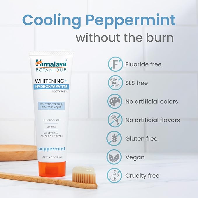 Himalaya Fluoride Free Botanique Whitening Nano Hydroxyapatite Toothpaste Value Pack, Supports Enamel Strength & Integrity, Great for Sensitive Teeth, SLS Free & Vegan, Peppermint, 4 oz, 4 Pack