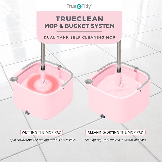 True & Tidy Square Spin Mop & Bucket System, 2 Machine Washable Pads, Rose