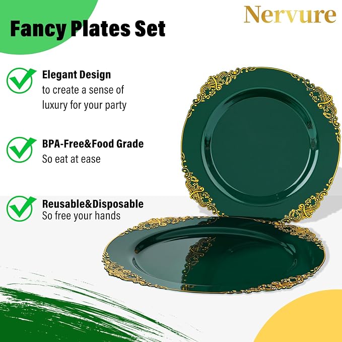 Nervure 350PCS Green Plastic Plates - Green Gold Plastic Dinnerware Sets for 50 Guests - 100 Disposable Plates, 150 Gold Silverware, 50 Cups, 50 Napkins Perfect for Wedding & Party