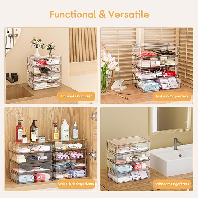 Clear Stackable Makeup Organizer with Drawer, 12''W Acrylic Storage Drawers, Cosmetic Display Case for Vanity Bathroom Countertop, Beauty Holder for Lipstick Brush Skincare Perfume (3 Tier)