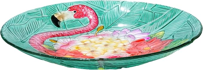 Teamson Home 17.8 in. Fusion Glass Birdbath, Multi | Bird Design, Tropical Flamingo Design, Foldable Metal Stand, Ground Hook