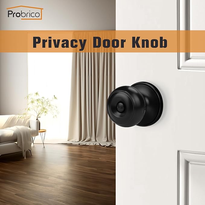 Probrico Black Door Knobs, Privacy Door Knob for Bathroom Bedroom, Interior Door Knob with Thumb Turning Locking Button, 6 Pack