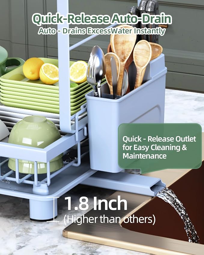 Dish Drying Rack 2-Tier Dish Racks with Drainboard, Rustproof, Space-Saving Dish Rack, Utensil & Cup Holder for Kitchen Counter, Blue