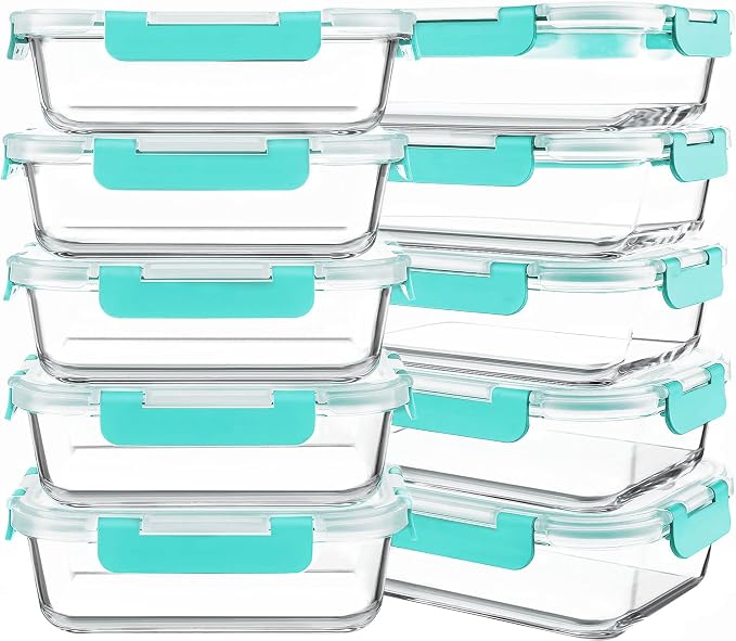 10 Packs 30 oz Glass Meal Prep Containers with Lids, Green | Glass Food Storage Containers, Airtight Lunch Bento Boxes, Microwave, Oven, Freezer and Dishwasher